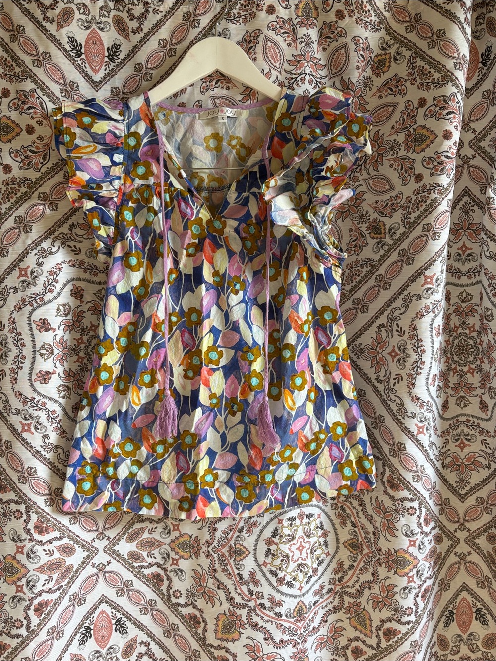 Joy Joy Floral Ruffle Sleeve Top in Navy, Pink, Green & Orange